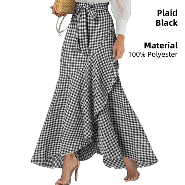 Elegant Women Long Skirt Spring High Waist OL Belted Fishtail Faldas Larga Celmia Ladies Casual Street Ruffles Party Maxi Jupes