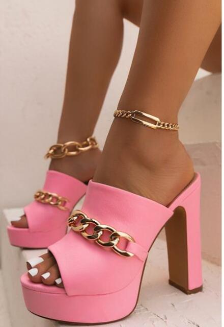 Trendy Platform Chunky Super High Heels Women Chain