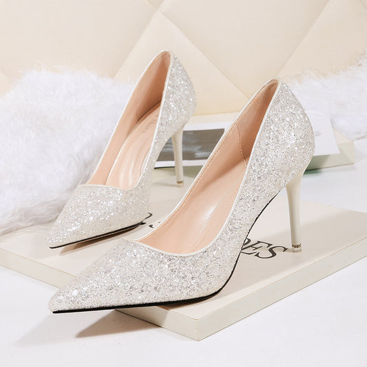 2022 New Stiletto Pumps Cinderella Dress Banquet Bling Wedding Shoes Silver Gold Pointed High Heels Female Bride Wedding Shoes