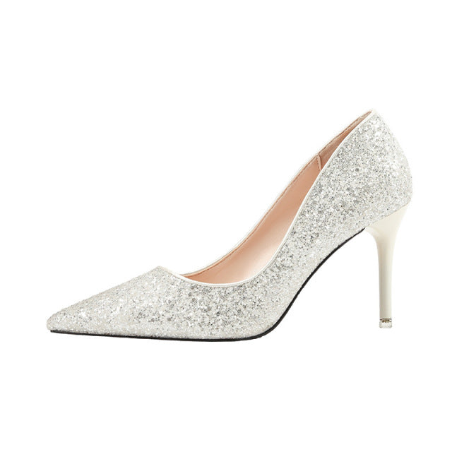2022 New Stiletto Pumps Cinderella Dress Banquet Bling Wedding Shoes Silver Gold Pointed High Heels Female Bride Wedding Shoes