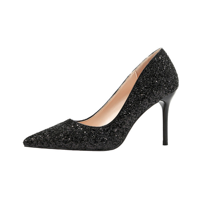 2022 New Stiletto Pumps Cinderella Dress Banquet Bling Wedding Shoes Silver Gold Pointed High Heels Female Bride Wedding Shoes