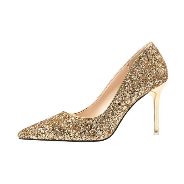 2022 New Stiletto Pumps Cinderella Dress Banquet Bling Wedding Shoes Silver Gold Pointed High Heels Female Bride Wedding Shoes