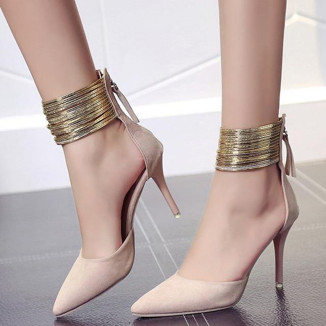 Pointed Toe Flock Pumps Strap Heels