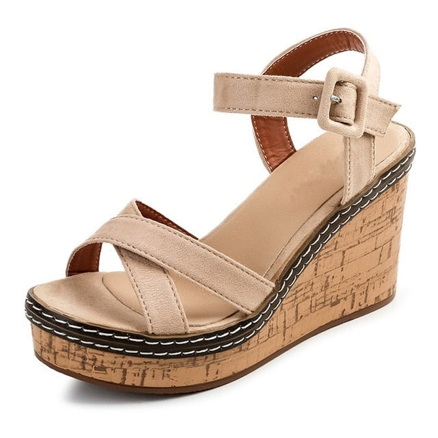 Canvas Wedge Sandals Peep Toe Buckle Shoes Woman