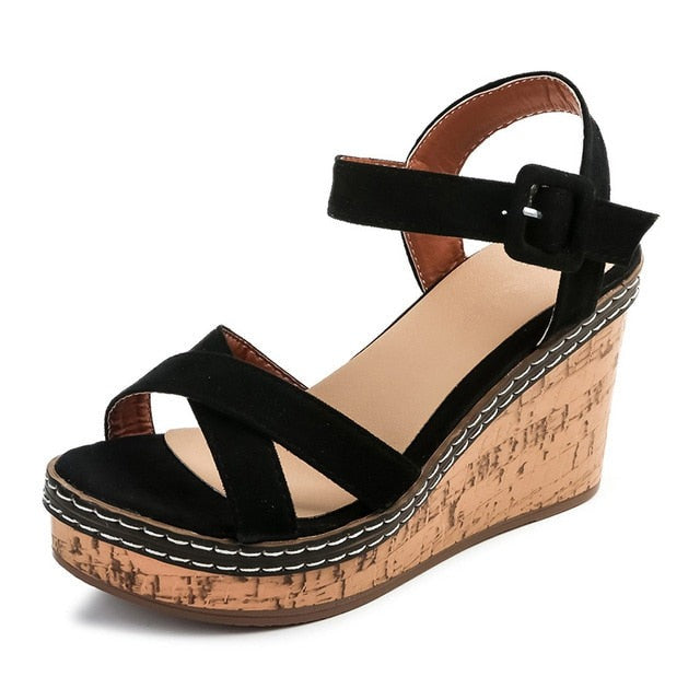 Canvas Wedge Sandals Peep Toe Buckle Shoes Woman