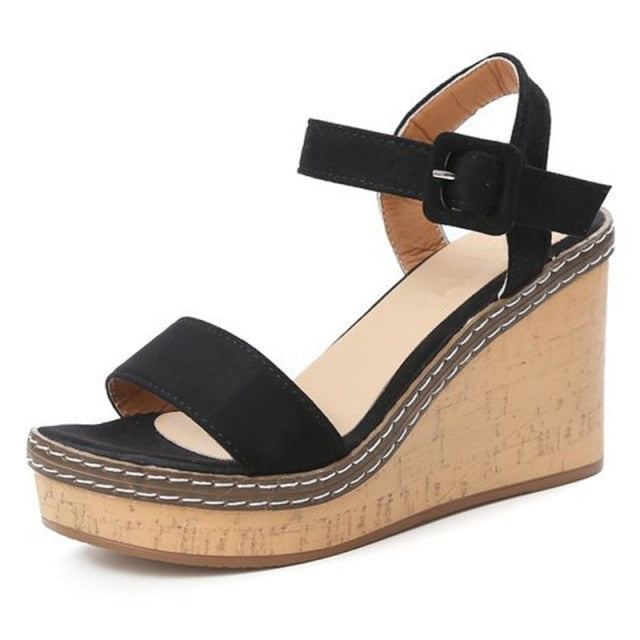 Canvas Wedge Sandals Peep Toe Buckle Shoes Woman