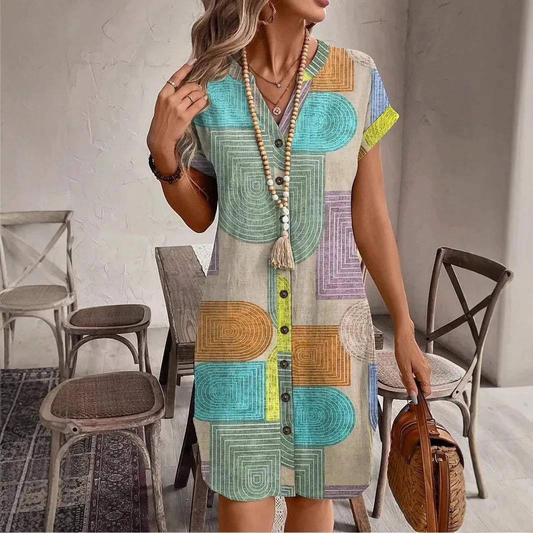 Geometric print V-neck shirt dress