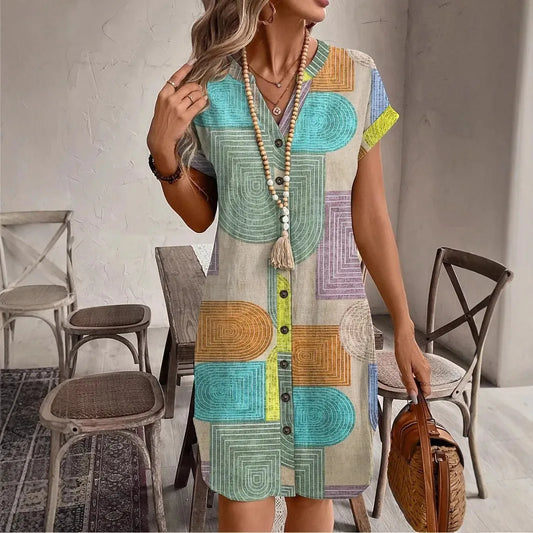 Geometric print V-neck shirt dress