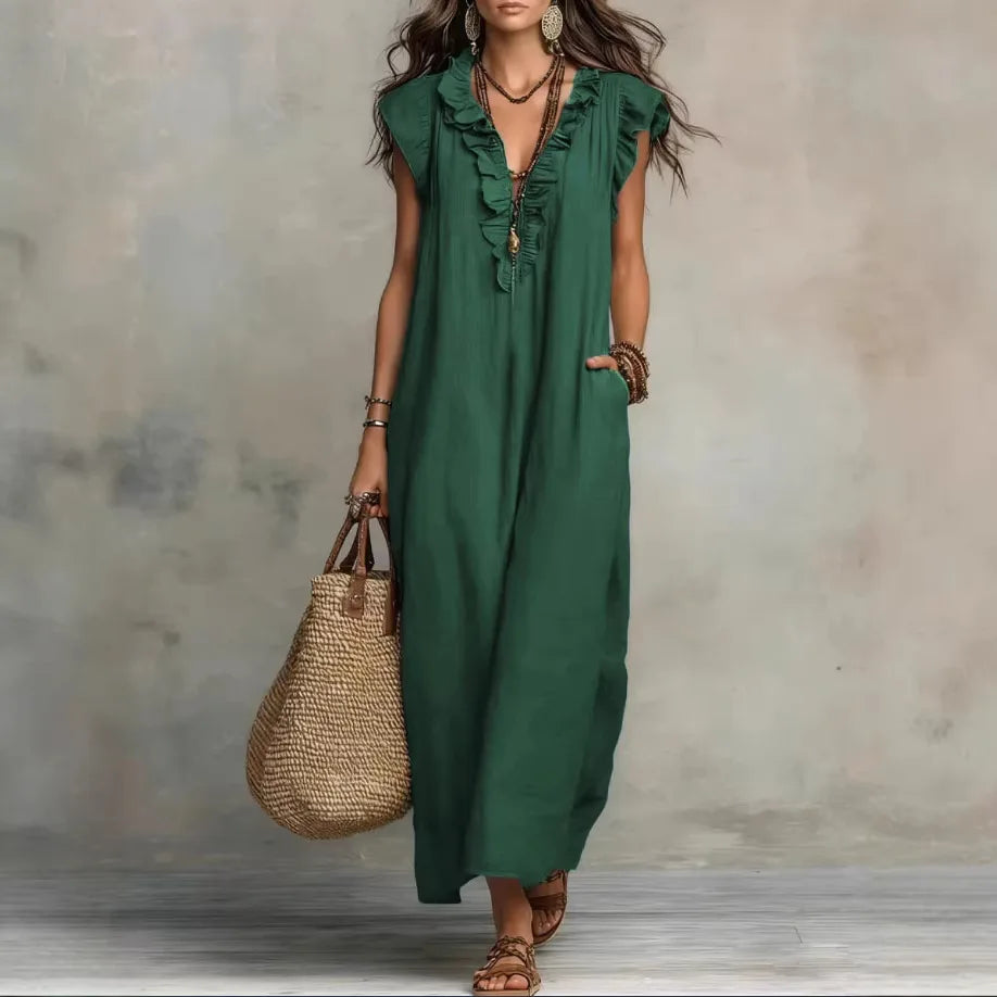 Ruffle V Neck Maxi Dress