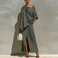 One Shoulder Two Piece Set: Asymmetrical Draped Top and Wide Leg Pants Outfit
