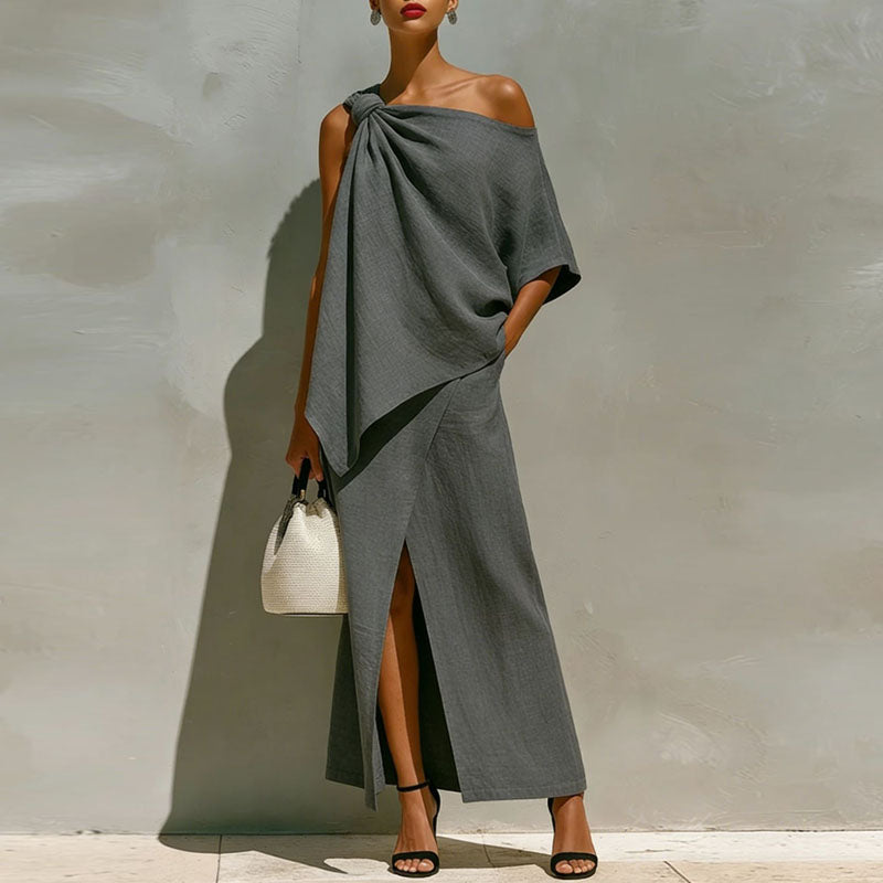 One Shoulder Two Piece Set: Asymmetrical Draped Top and Wide Leg Pants Outfit