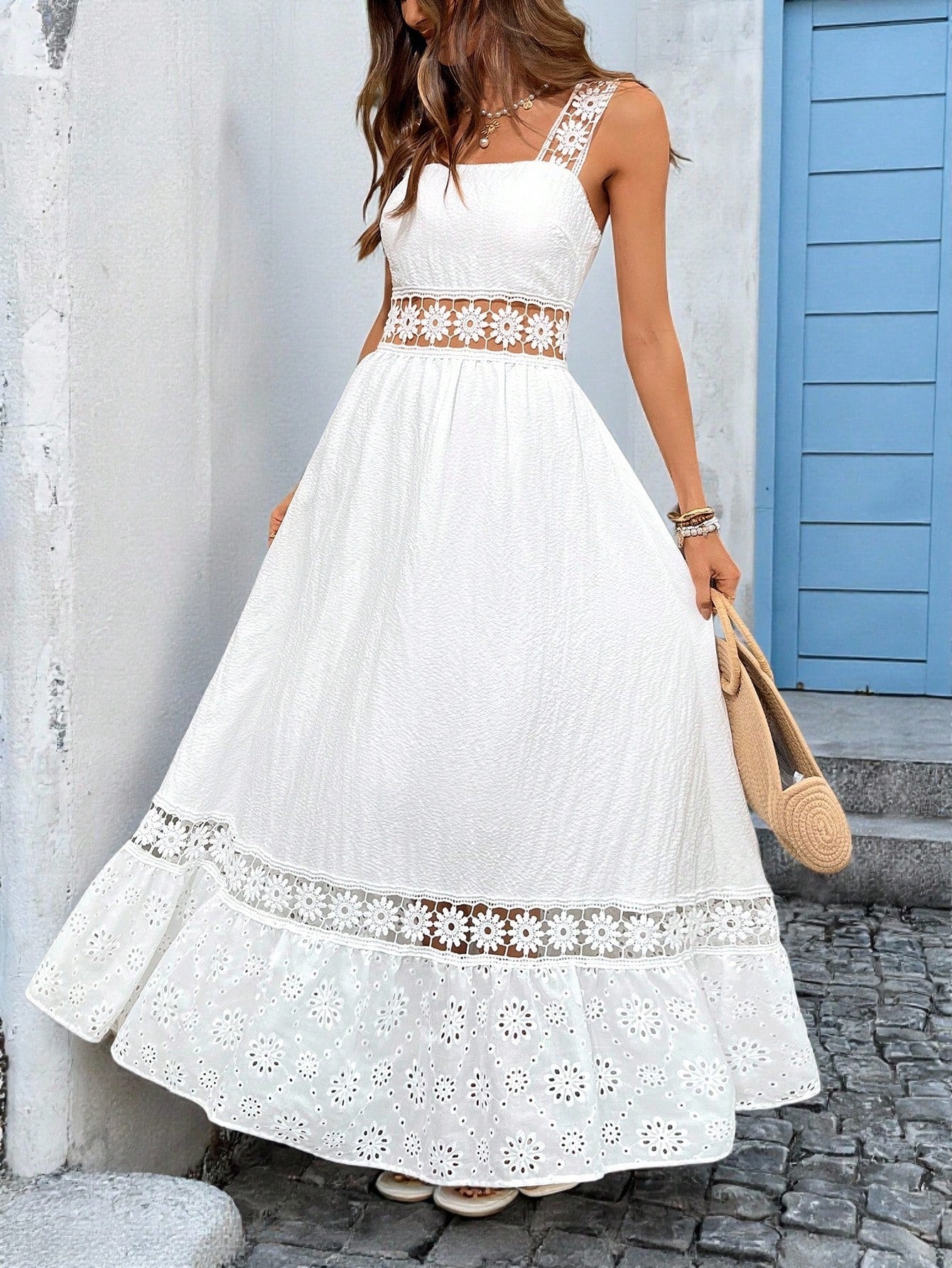 White Lace Cutout Maxi Dress: Sleeveless Square Neck Dress – Great