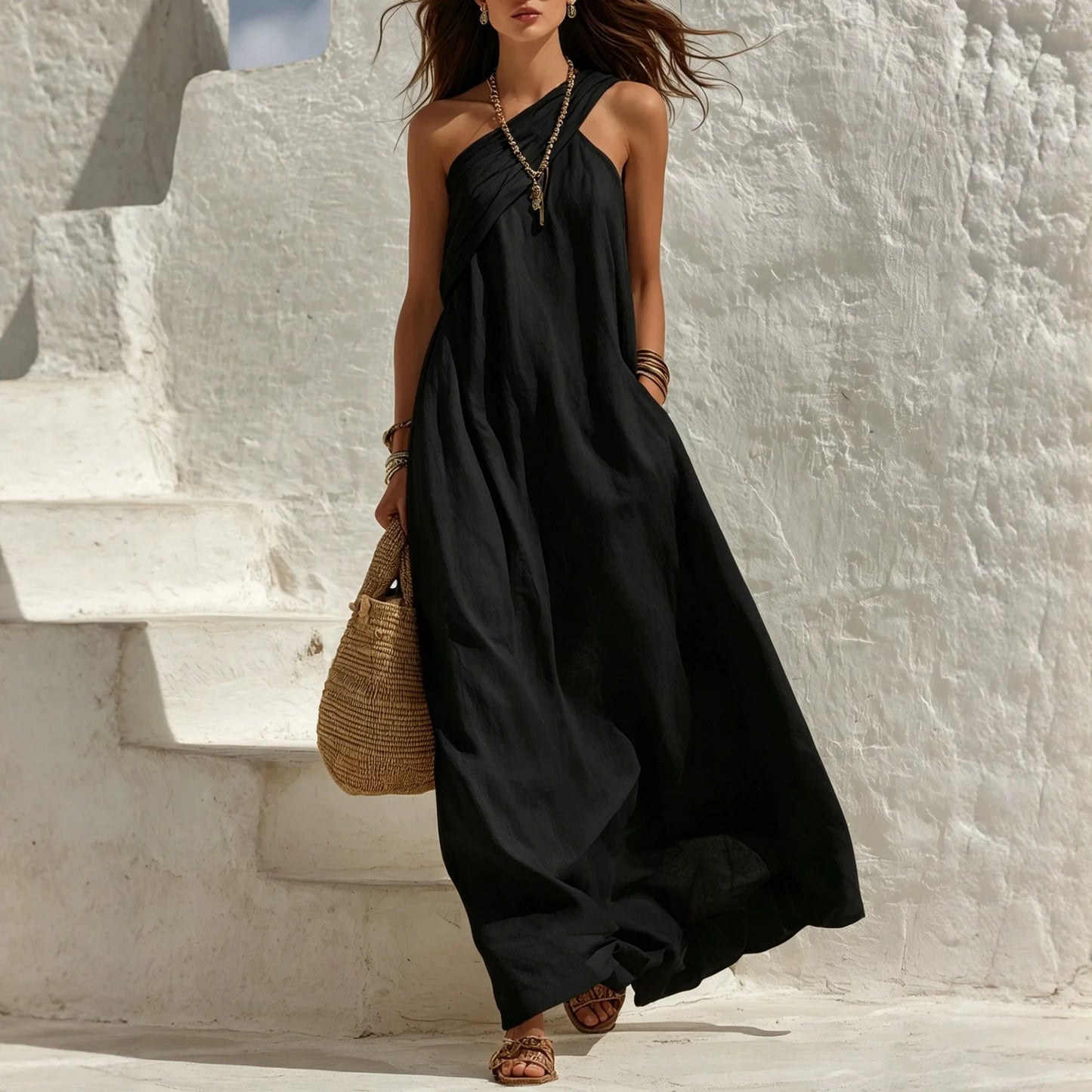 Flowing sleeveless black dress