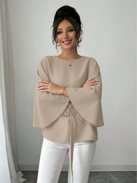 Beige buckle waist blouse