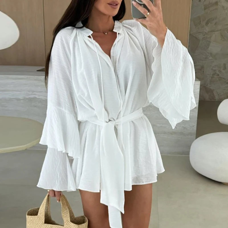 Ruffle Sleeve Mini Dress : Deep V-Neck Loose Dress