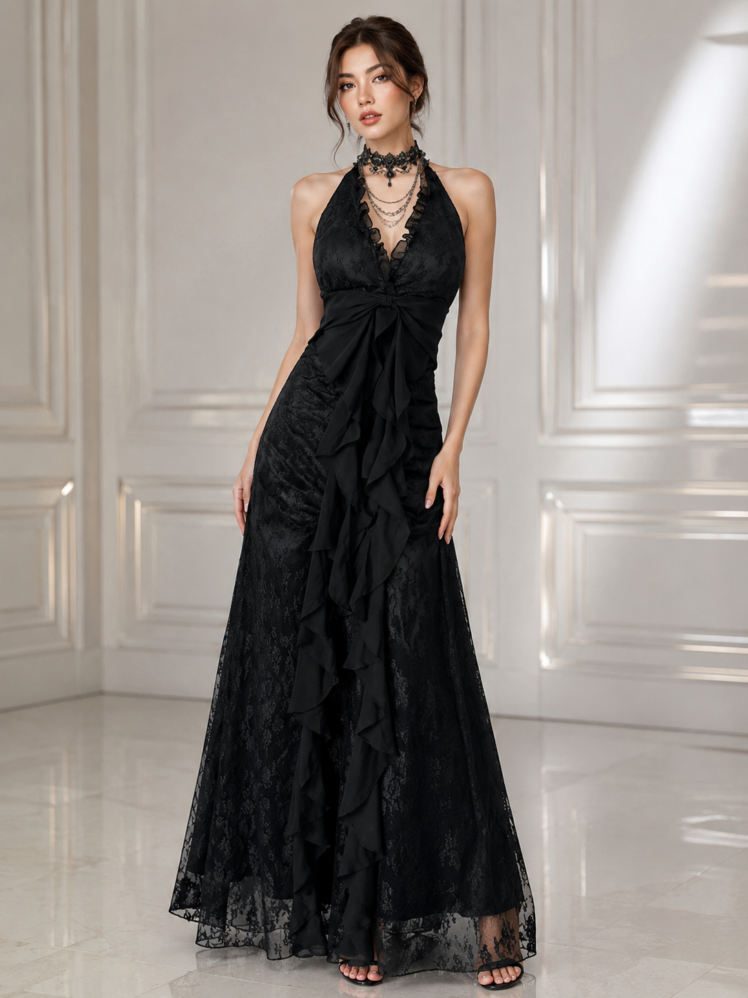 Gothic Black Ruffle Evening Dress
