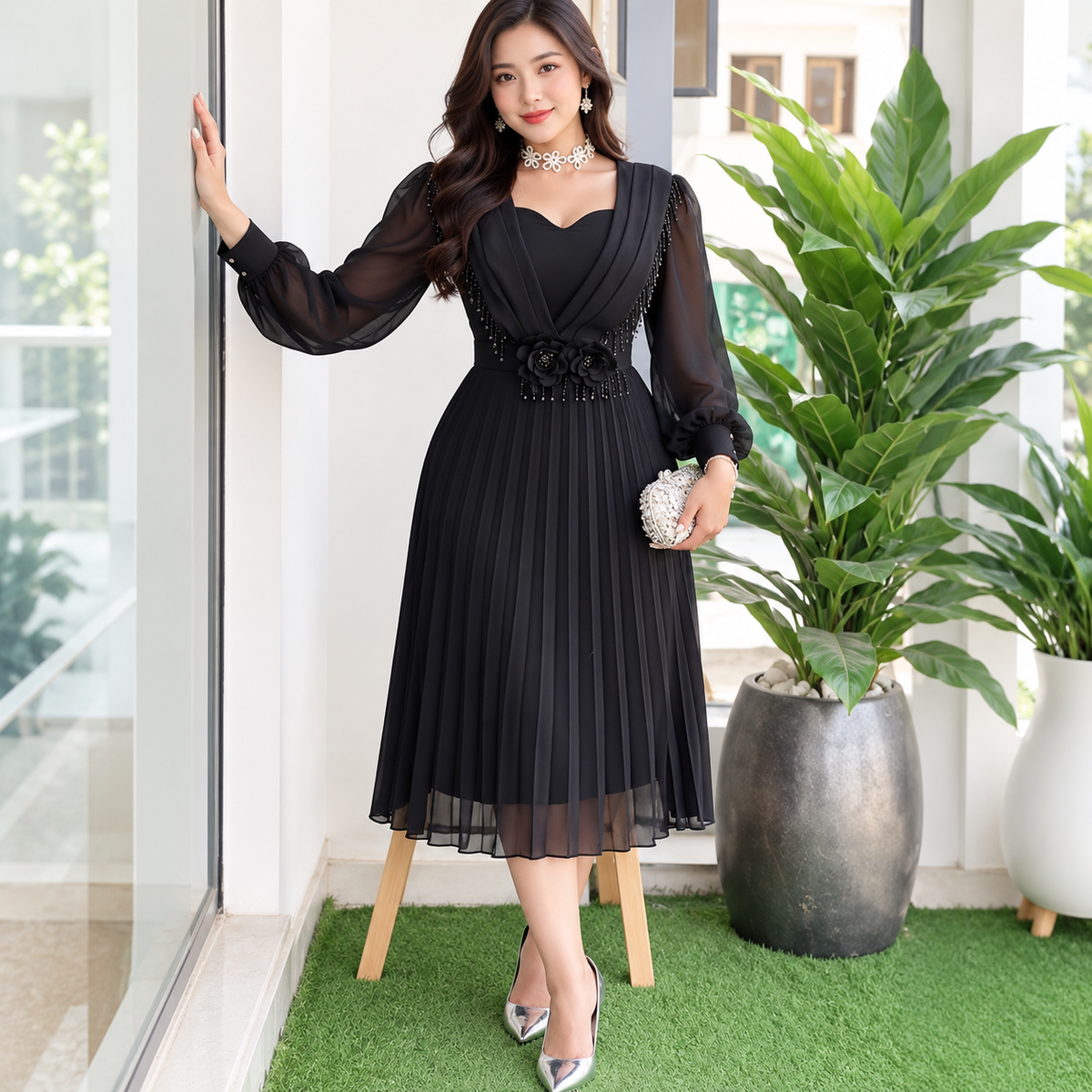 Long sleeve pleated dress