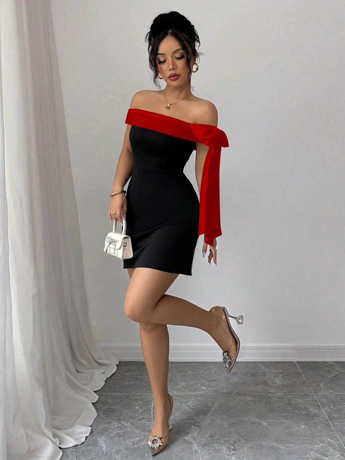 Red bow black dress