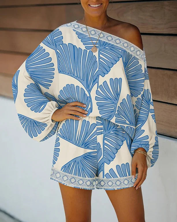 Off-shoulder tropical print romper