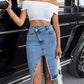 Fitted denim skirt frayed hem