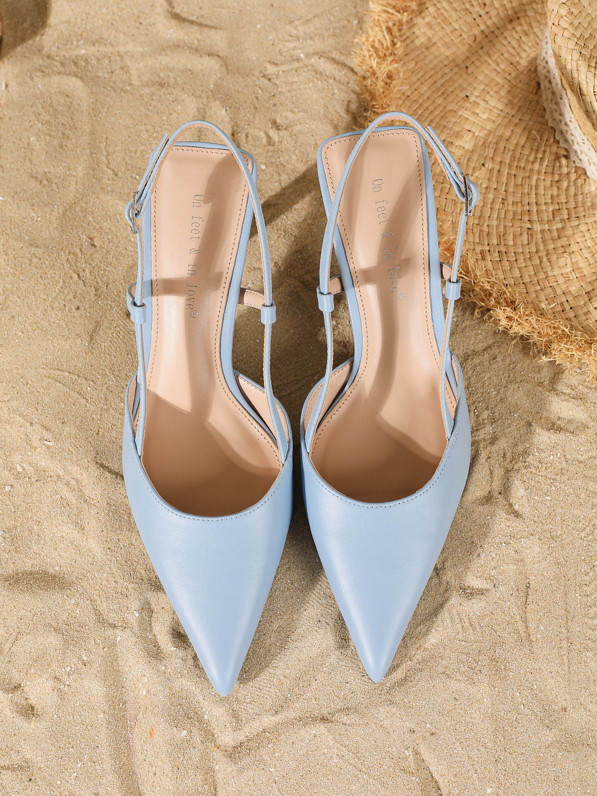 Slim heel blue slingback pumps