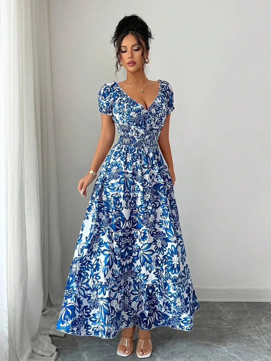 V-neck blue floral maxi dress