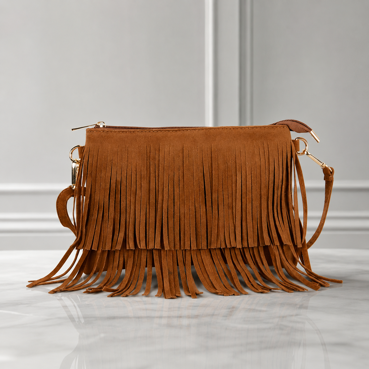 Brown fringe crossbody bag