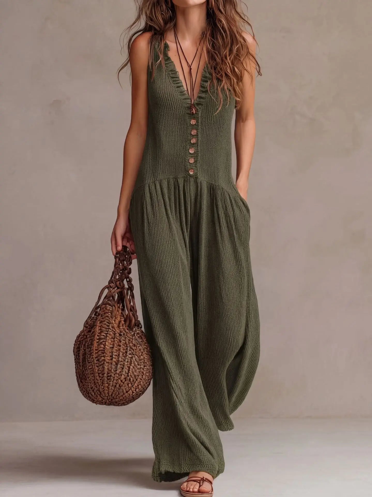 Boho V-Neck Pocket Jumpsuit