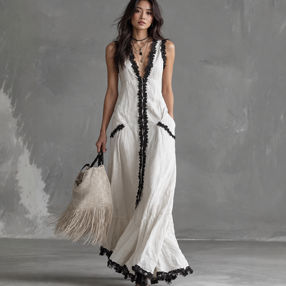 Deep V-Neck Boho Dress: White Lace Trim Long Dress