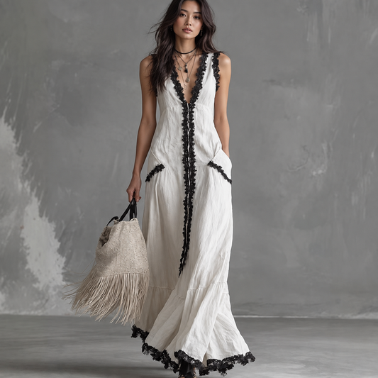 Deep V-Neck Boho Dress: White Lace Trim Long Dress