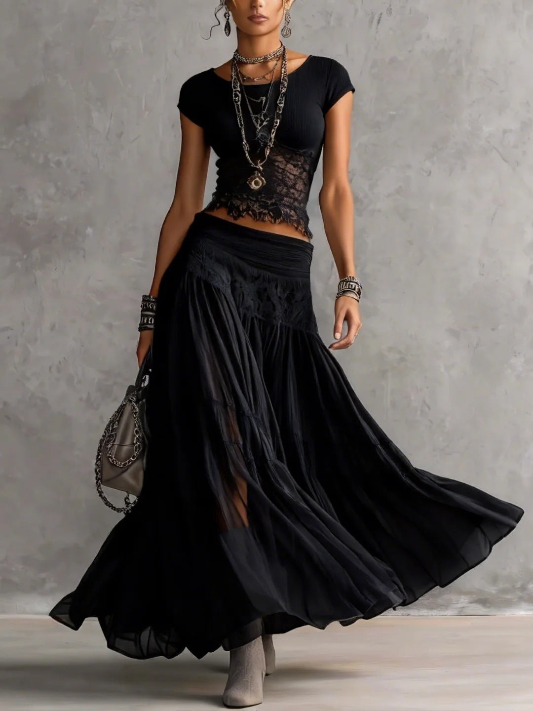 Gray boho maxi skirt set