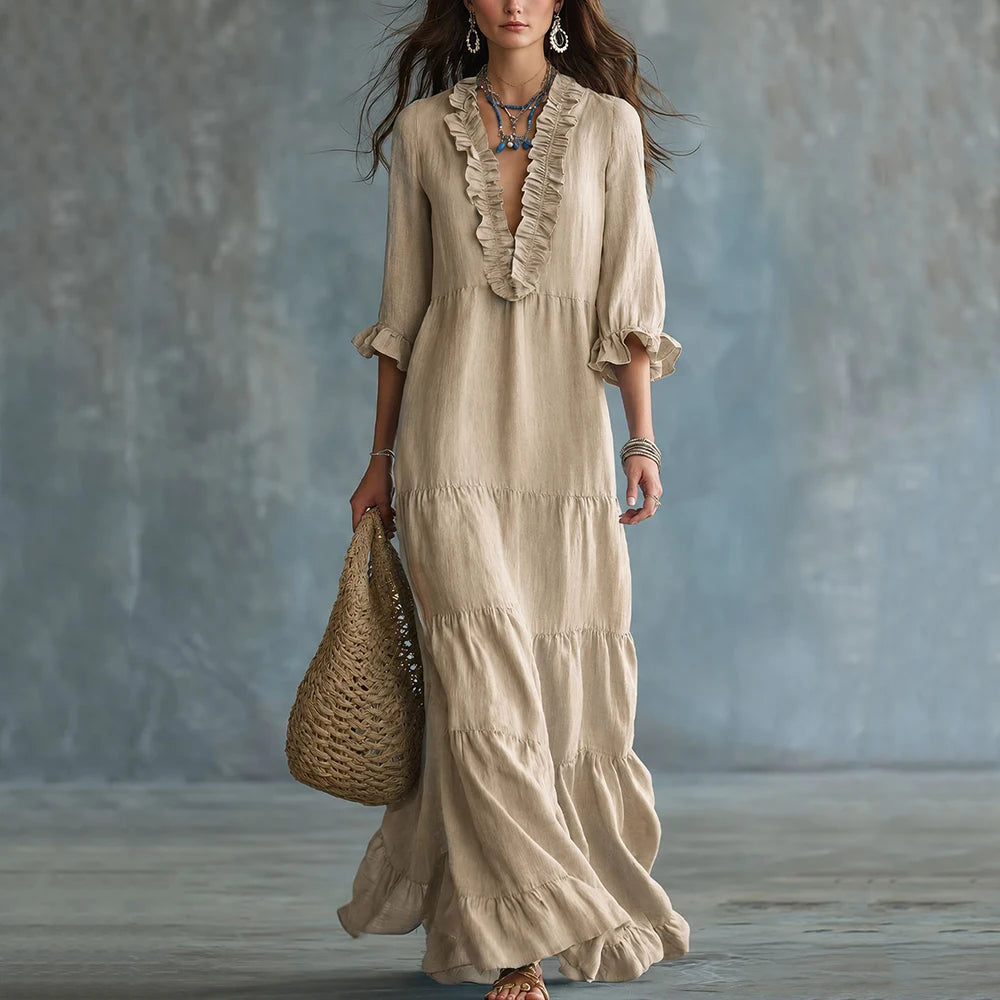 Beige ruffle maxi dress