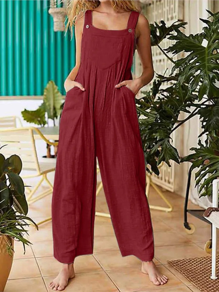 Red linen style jumpsuit
