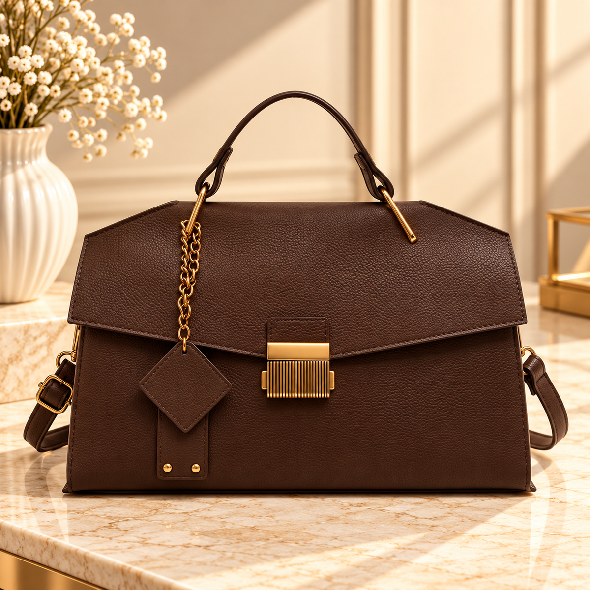 Brown Gold Clasp Handbag