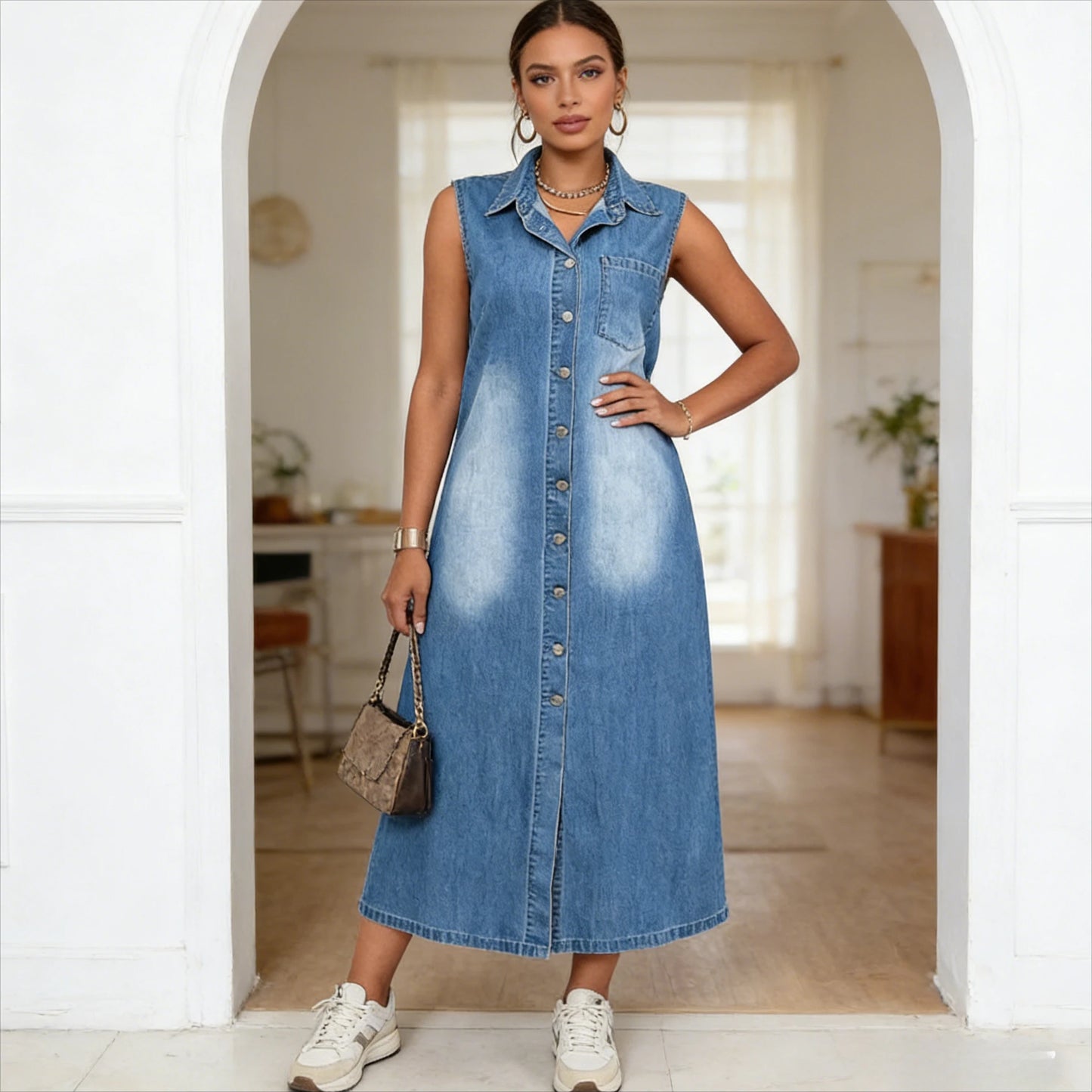 Collared Neck Blue Midi Dress