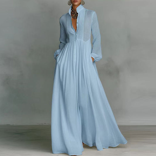 Blue button front long dress