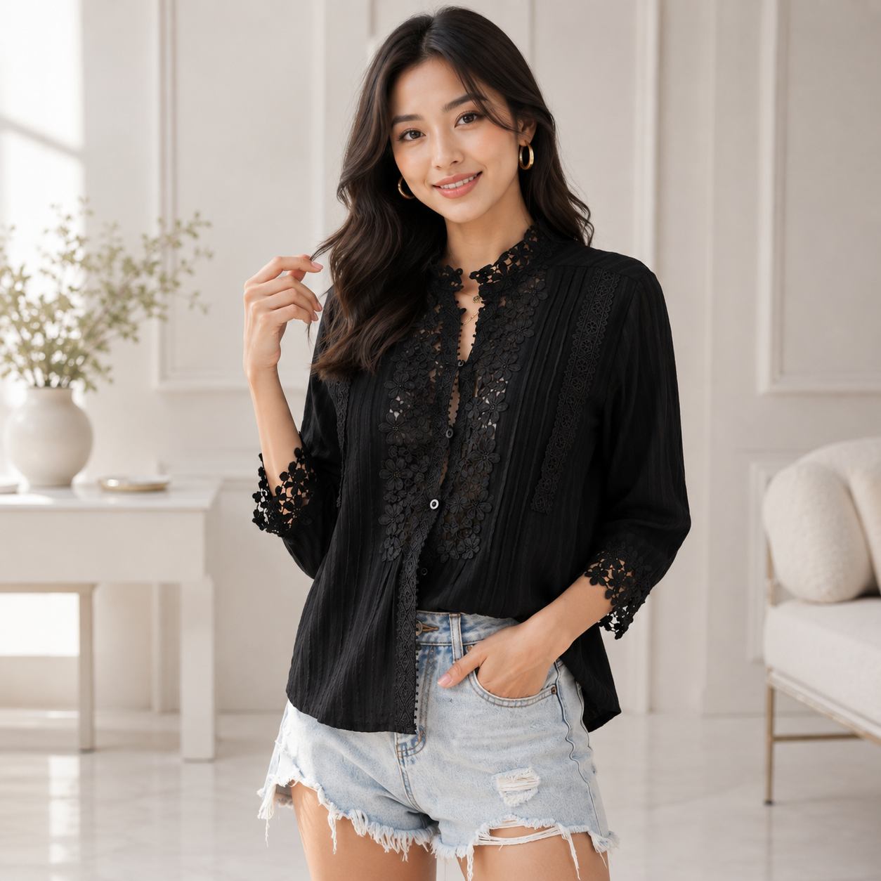 Casual lace sleeve blouse