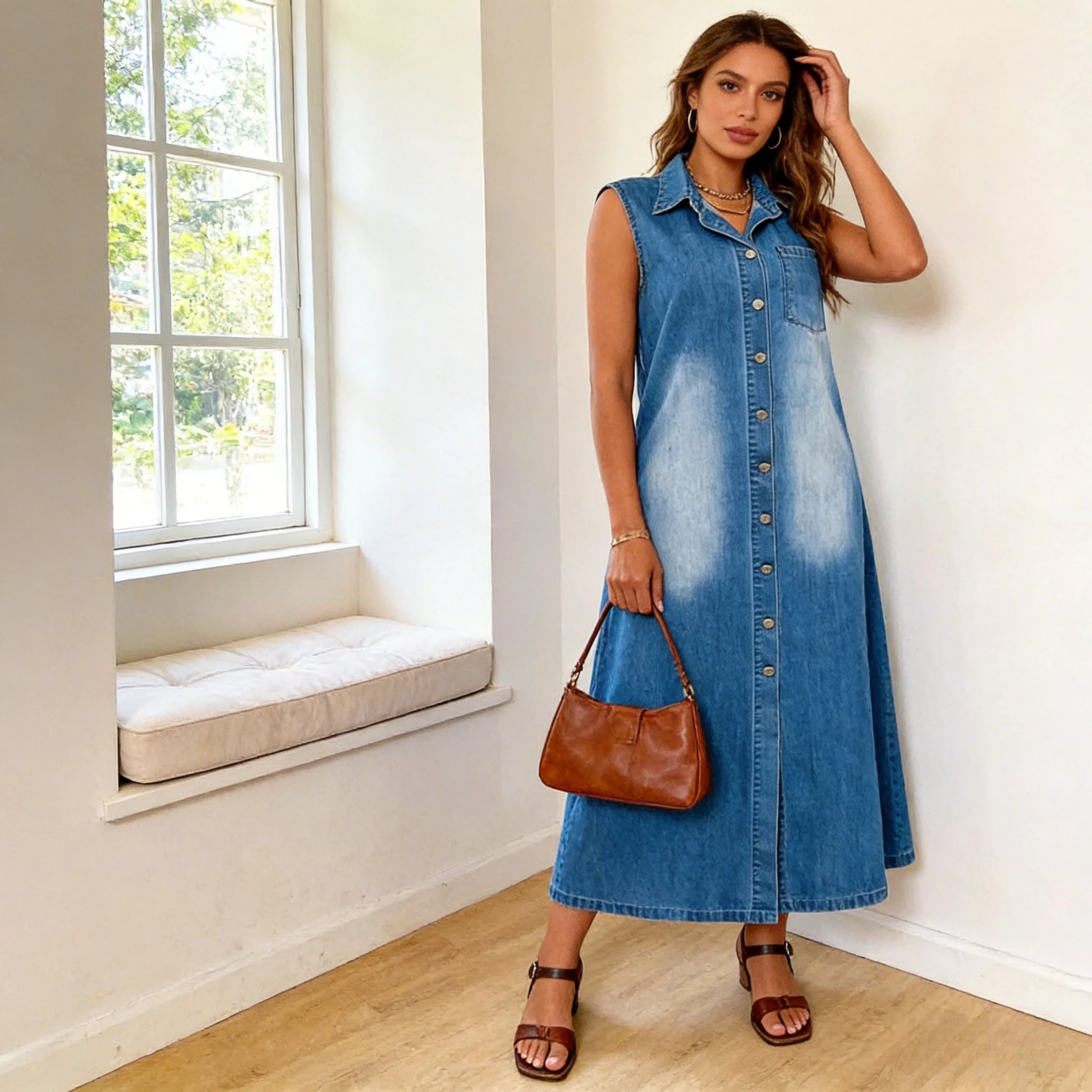Collared Denim Midi Dress