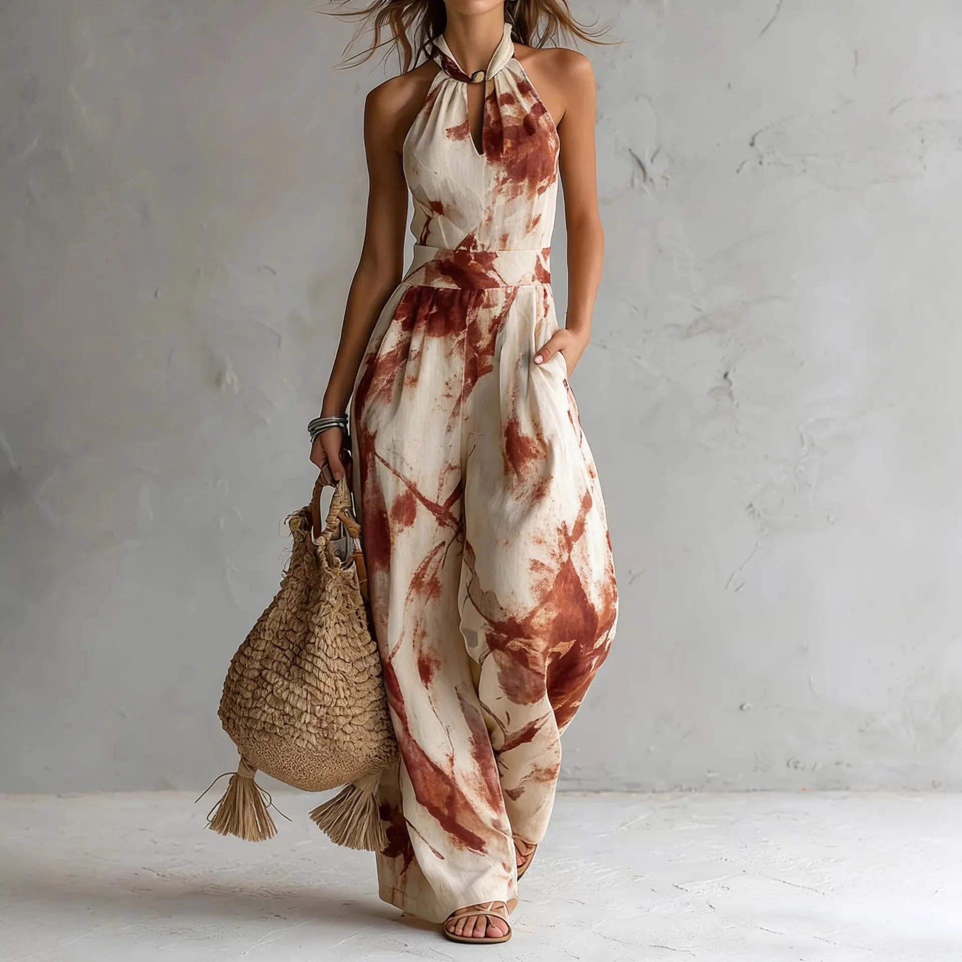 Abstract Print Halter Jumpsuit