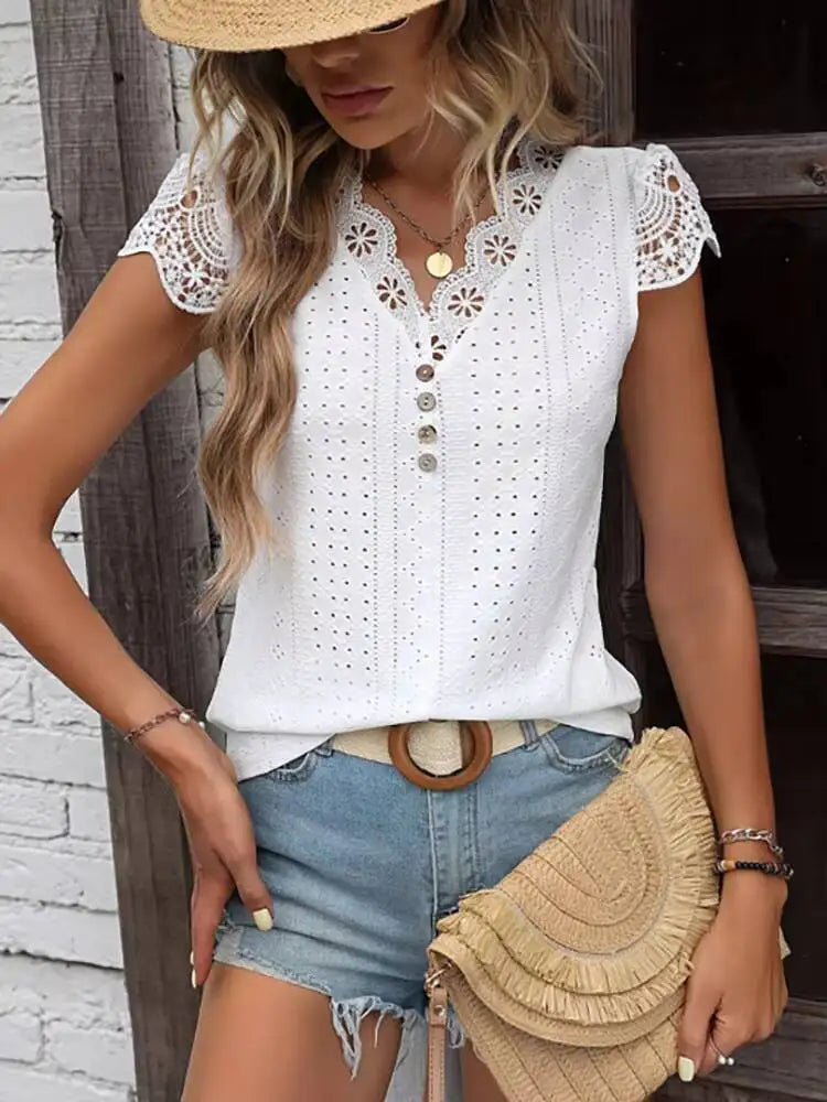 Button Front Lace Blouse