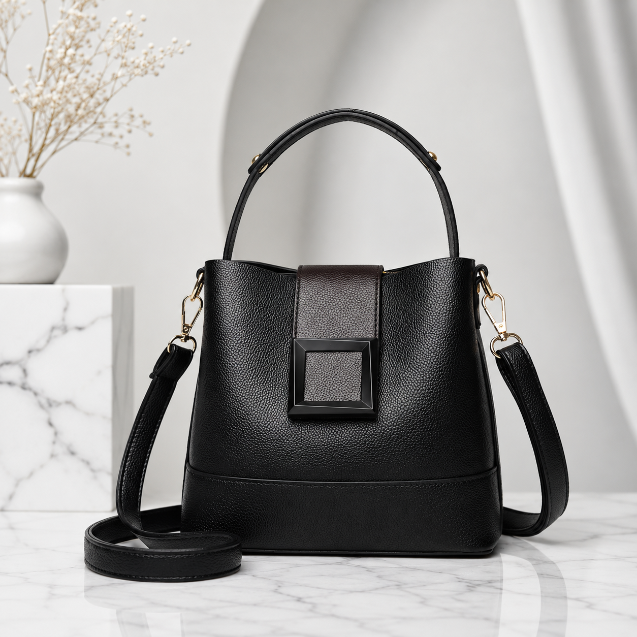 Black bucket shoulder bag