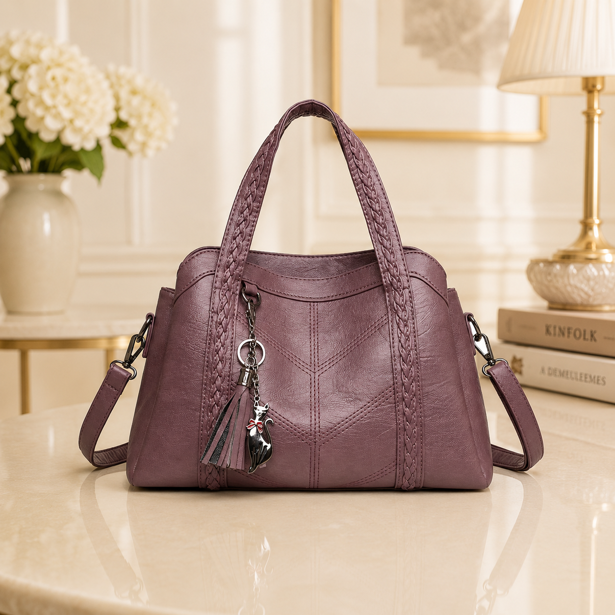Braided handle leather tote bag