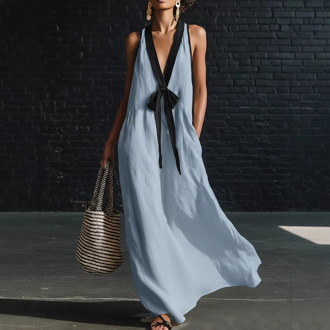 Blue V neck maxi dress