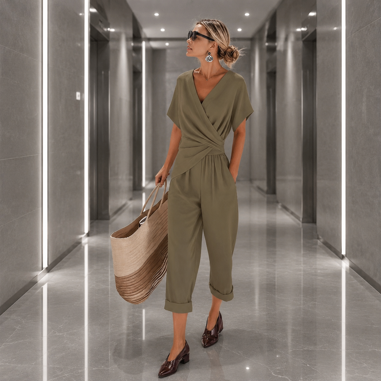 Chic crossover front jumpsuit outfit