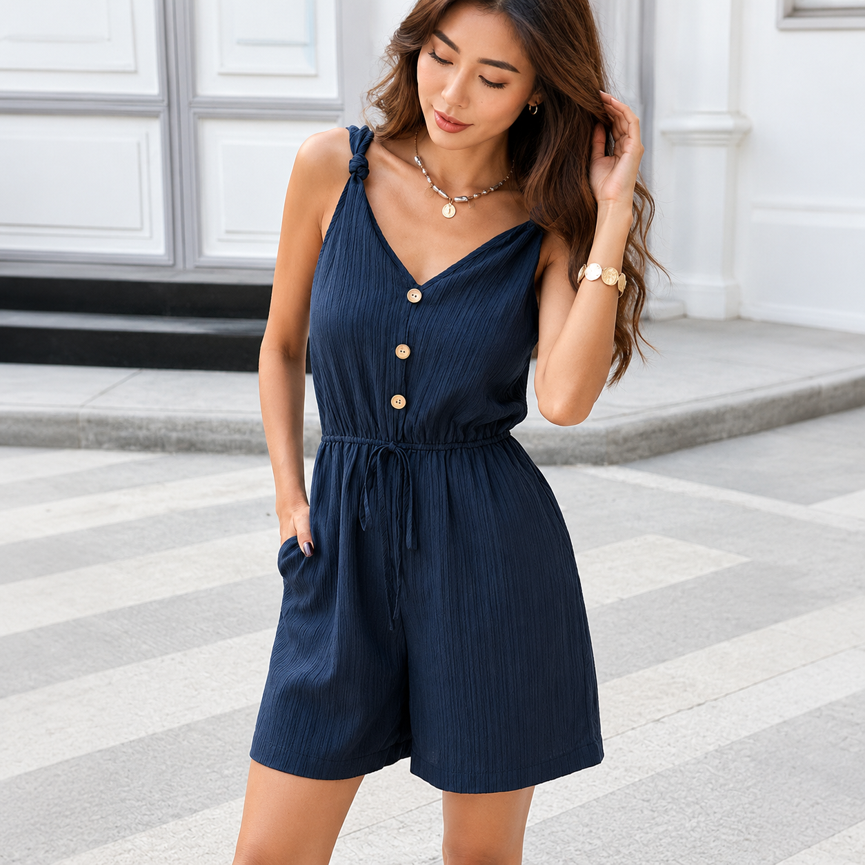 Navy blue casual short romper