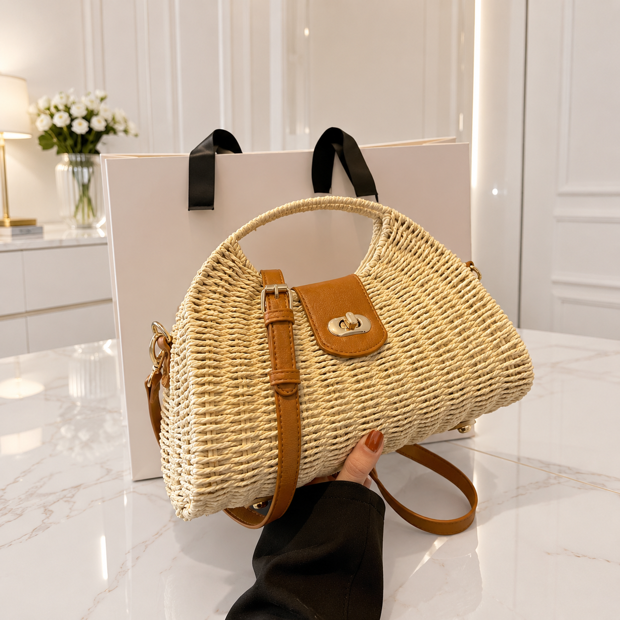 Beige woven shoulder bag