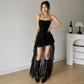 Ruffle High Low Mini Dress: Spaghetti Strap Ruched Bodycon Dress