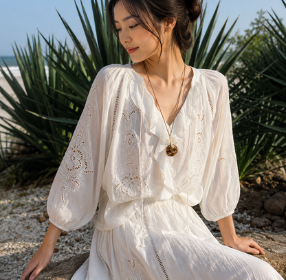 Boho Eyelet Embroidered Blouse: Long Sleeve Tie Neck Floral Lace Shirts