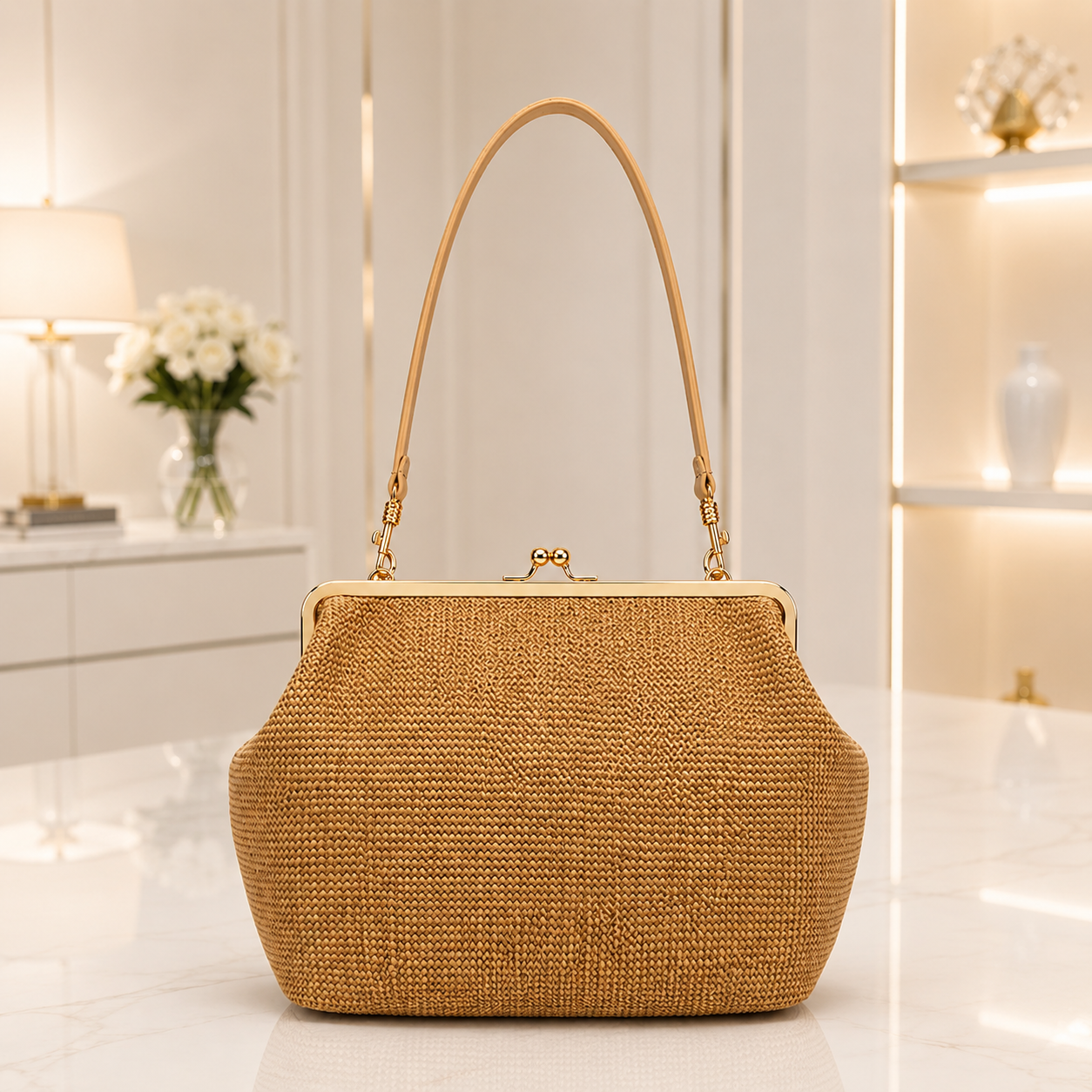 Straw Knit Kiss Lock Handbag: Vintage Woven Shoulder Bag