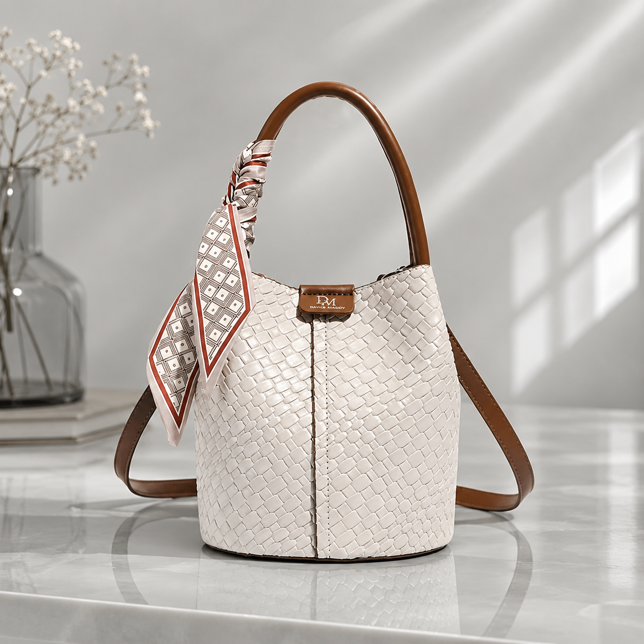 Scarf Accent Bucket Bag: Elegant Woven Shoulder Bag